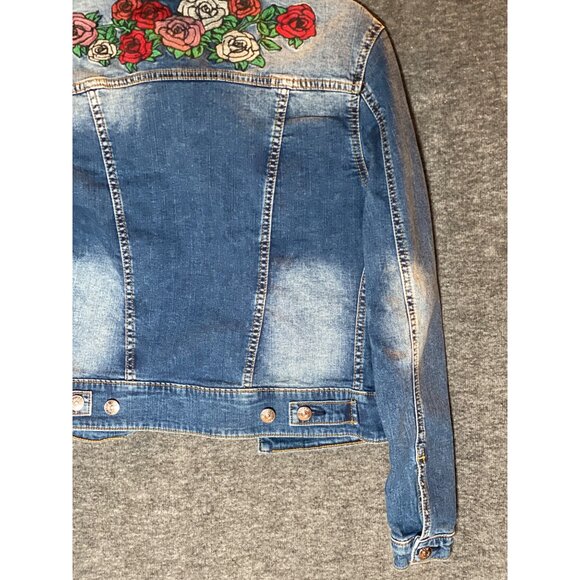LulaRoe Harvey Blue Stonewashed Denim Jean Jacket Size XS Embroidery Rose - Picture 10 of 11